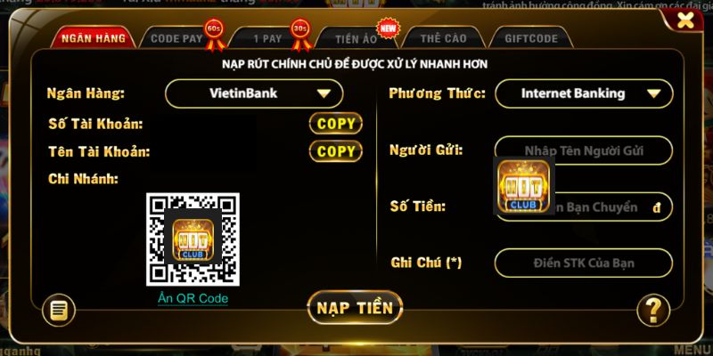 Một số hình thức được hỗ trợ nạp tại Hit Club